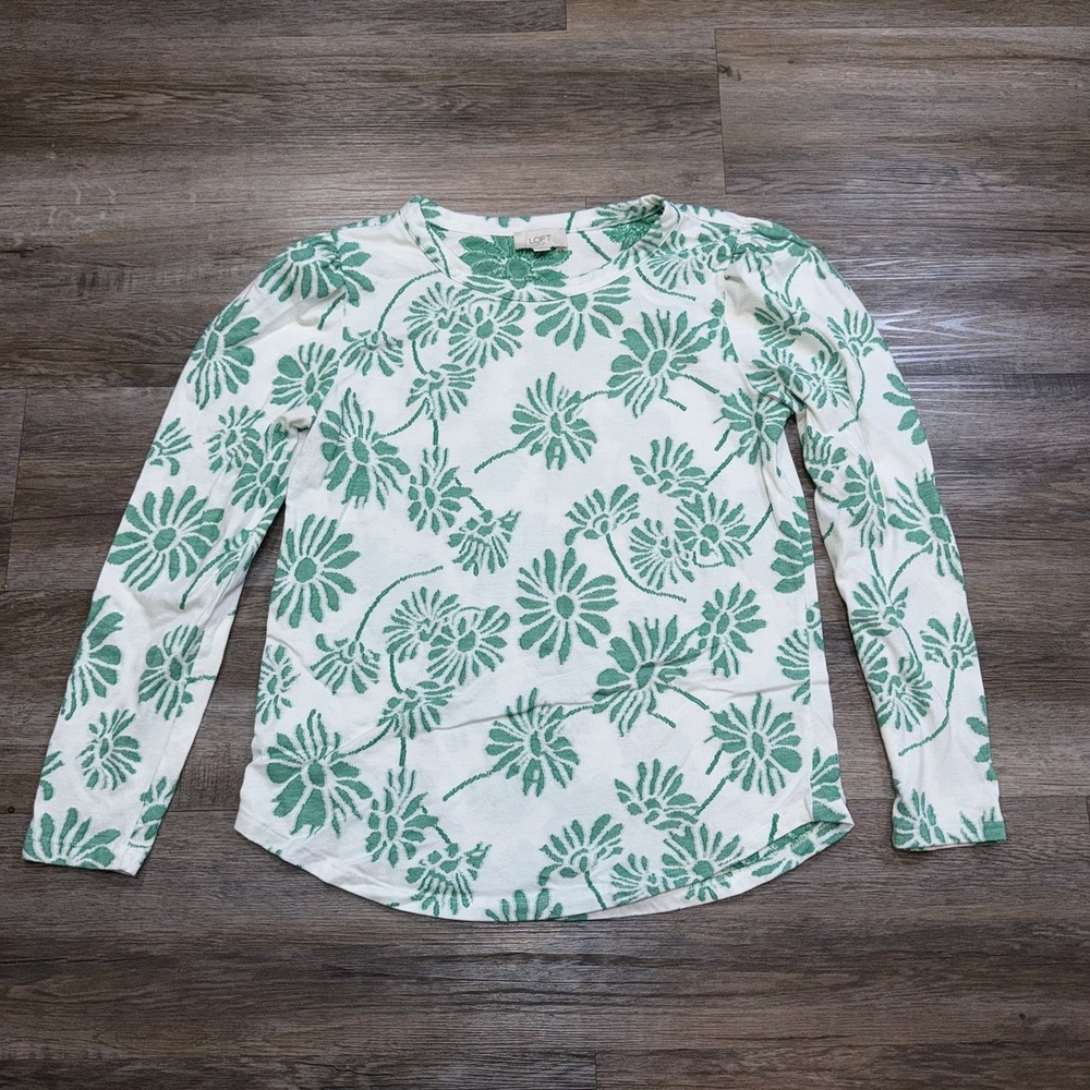 Loft Top Womens Small White Long-Sleeve All-Over Green Daisy Floral Pattern